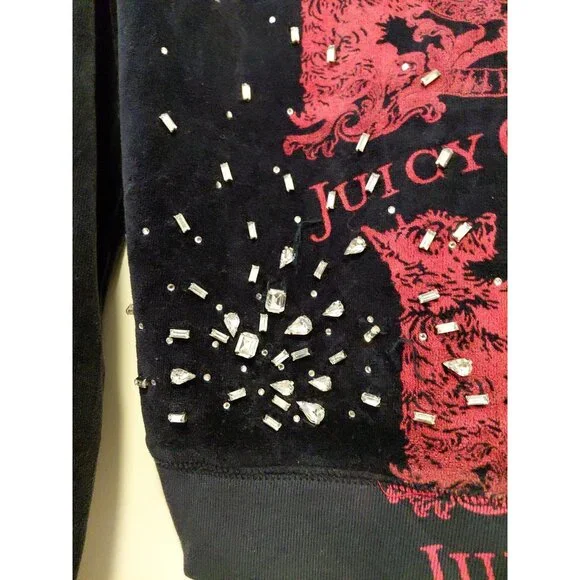 Vintage Y2K Juicy Couture Velour Hoodie Graphic Rhinestones Black Red Medium - Picture 9 of 12